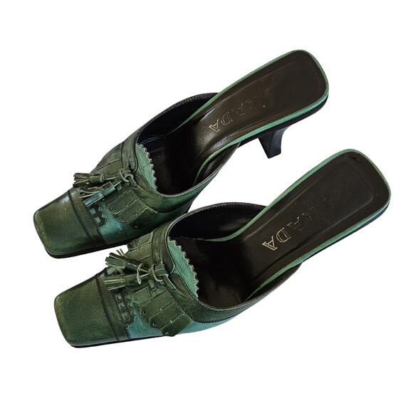 Vintage Prada Mules Kitten Heel Tassel Green Leather FW 99' Archival - 38.5 - Picture 7 of 8